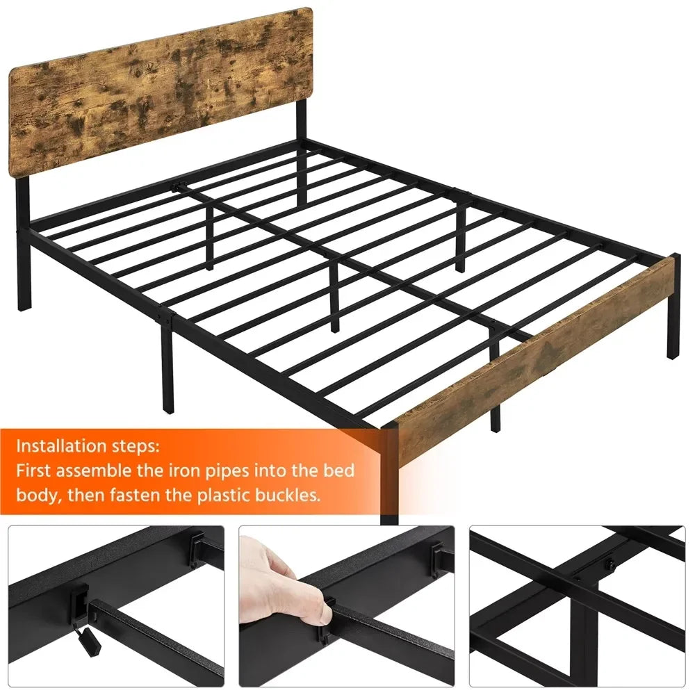 Metal Bed Frame with Wooden Headboard, Rustic Brown, Queen with Wooden Rivet Headboard Footboard Strong Metal Slats Support