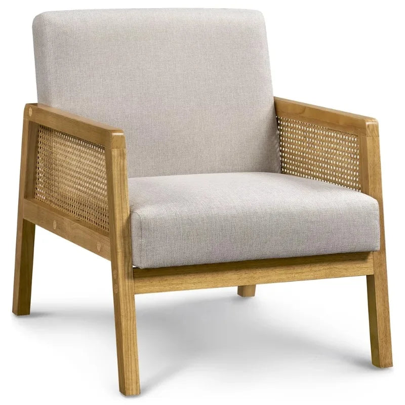 Fabric Upholstered Accent Chair with Rattan Sides for Living Rooms,Beige chairs living room single sofa chair furniture