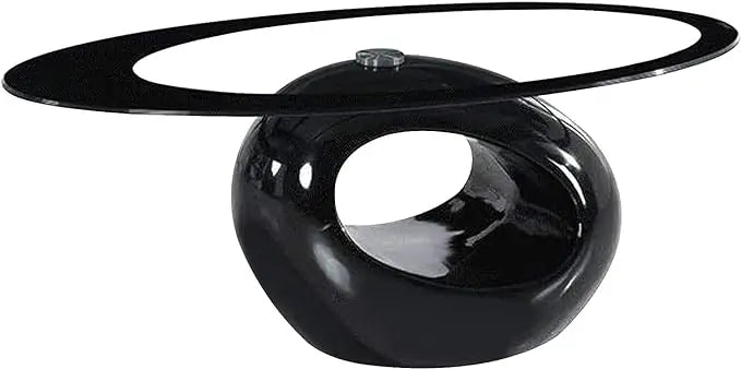 Contemporary Black/White Oval Glass Coffee Table with Round Hollow Base-Modern End Side Table for Home Living Room Furniture