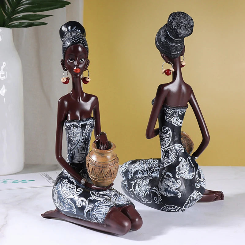 NORTHEUINS Resin Vintage African Crafts Ornament Black Women Art Sculpture Home Living Room Desktop Decor Figurines for Interior