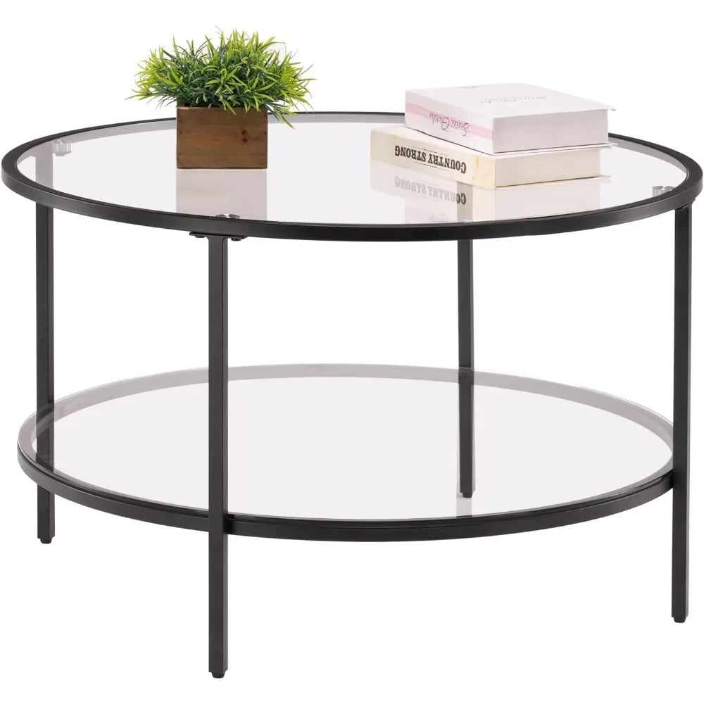 VINGLI Glass Coffee Table,30" Round Coffee Table Black Tables for Living Room,2-Tier Glass Top Coffee Table with Storage