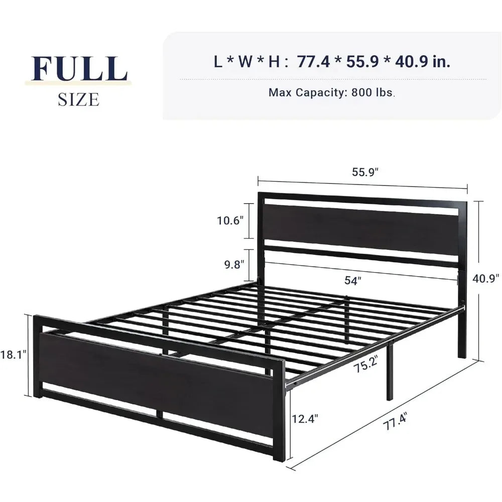 Bedroom furniture full bed frame with headboard, heavy metal platform bed frame, under bed storage, no box spring required,black