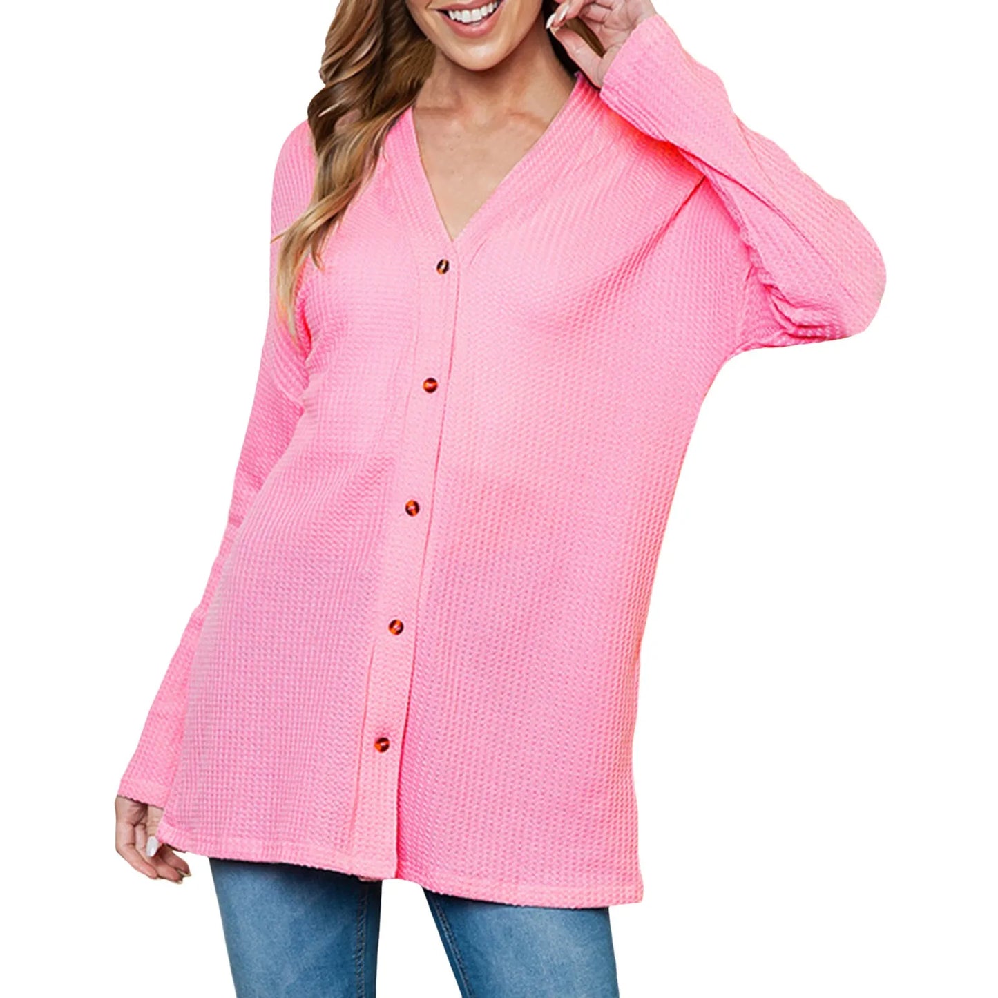2023 New Sweater Jacket Women'S Solid Color Casual Cardigan Loose Knit Button-Down Cardigan Sweaters For Women Pink Cardigan