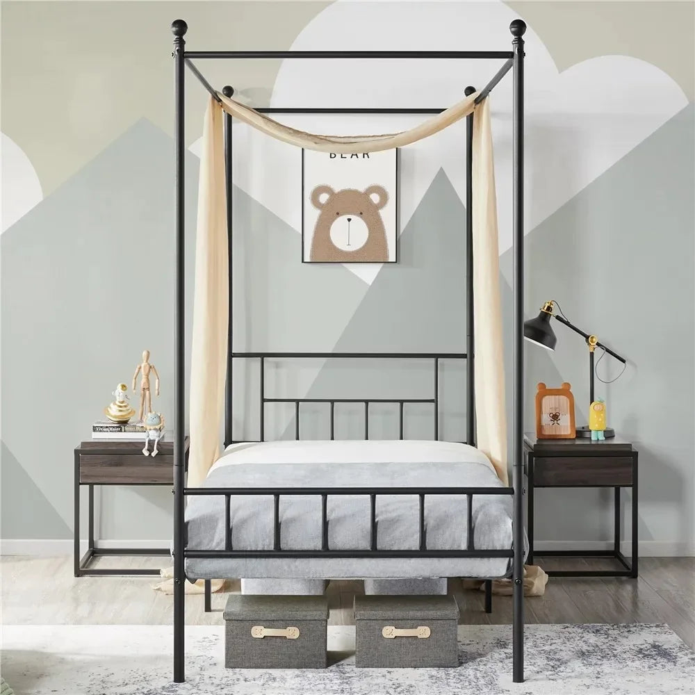Juno Metal Canopy Frame Four Poster Bed with Headboard and Footboard, Black, Twin