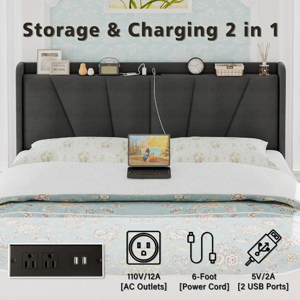 King Size Bed Frame and Upholstered Headboard, Sturdy, Noiseless, Easy Assembly, Platform Bed with Storage Drawers and Outlets