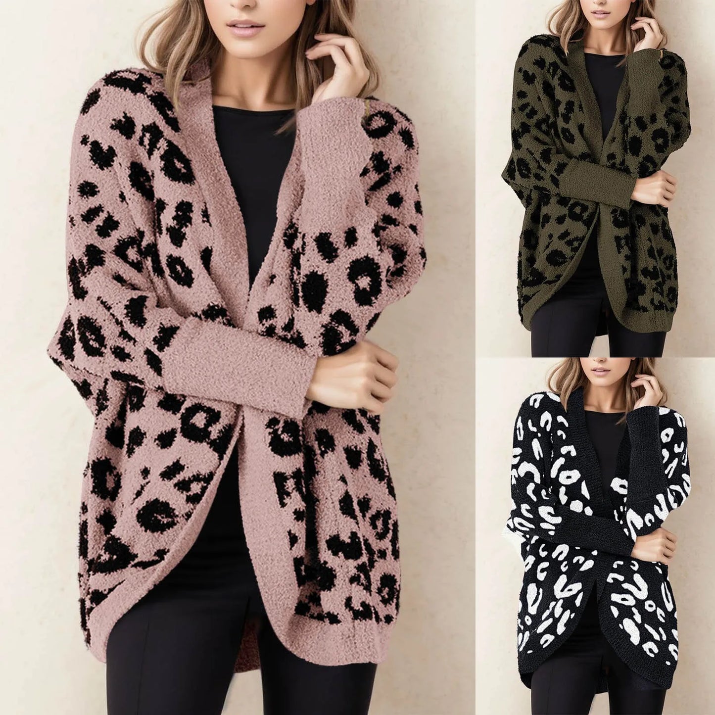 Women Fashion Leopard Print Long Sleeve Sweater Cardigan Loose Knit Button Shirts Work Wear Loose Oversized Vintage Print