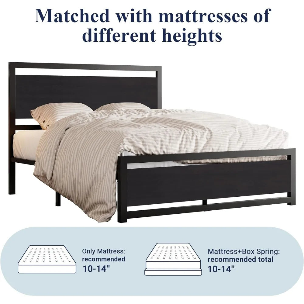 Bedroom furniture full bed frame with headboard, heavy metal platform bed frame, under bed storage, no box spring required,black