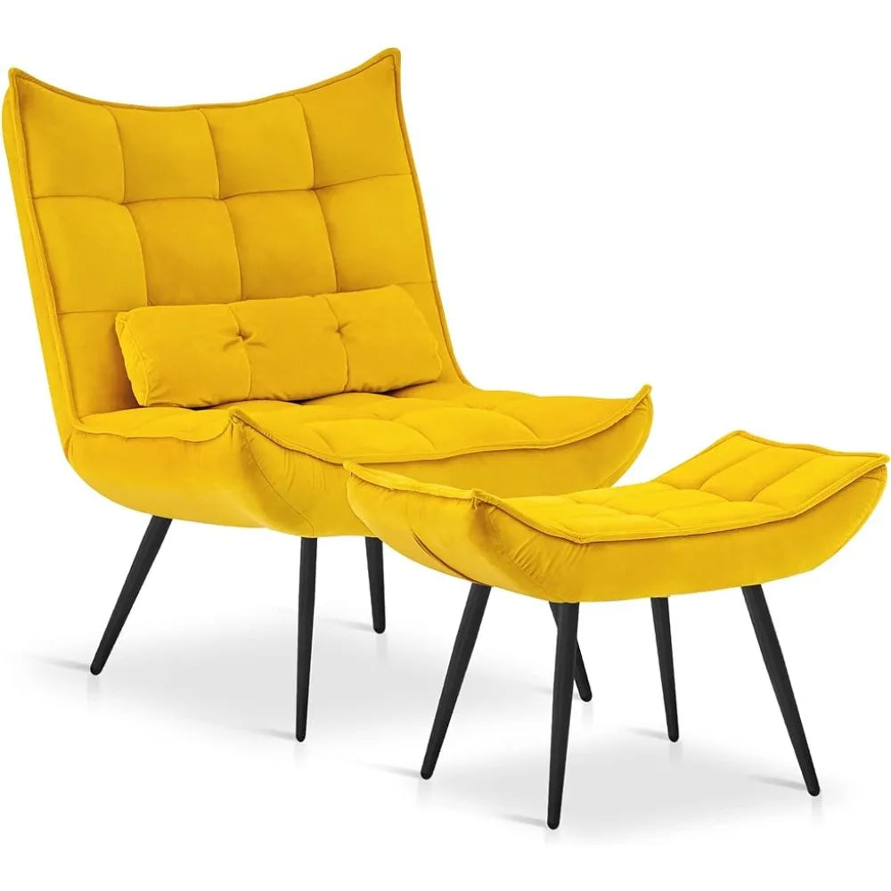MCombo Accent Chair with Ottoman, Upholstered Leisure Chairs with Metal Legs for Bedroom Living Room (Yellow)