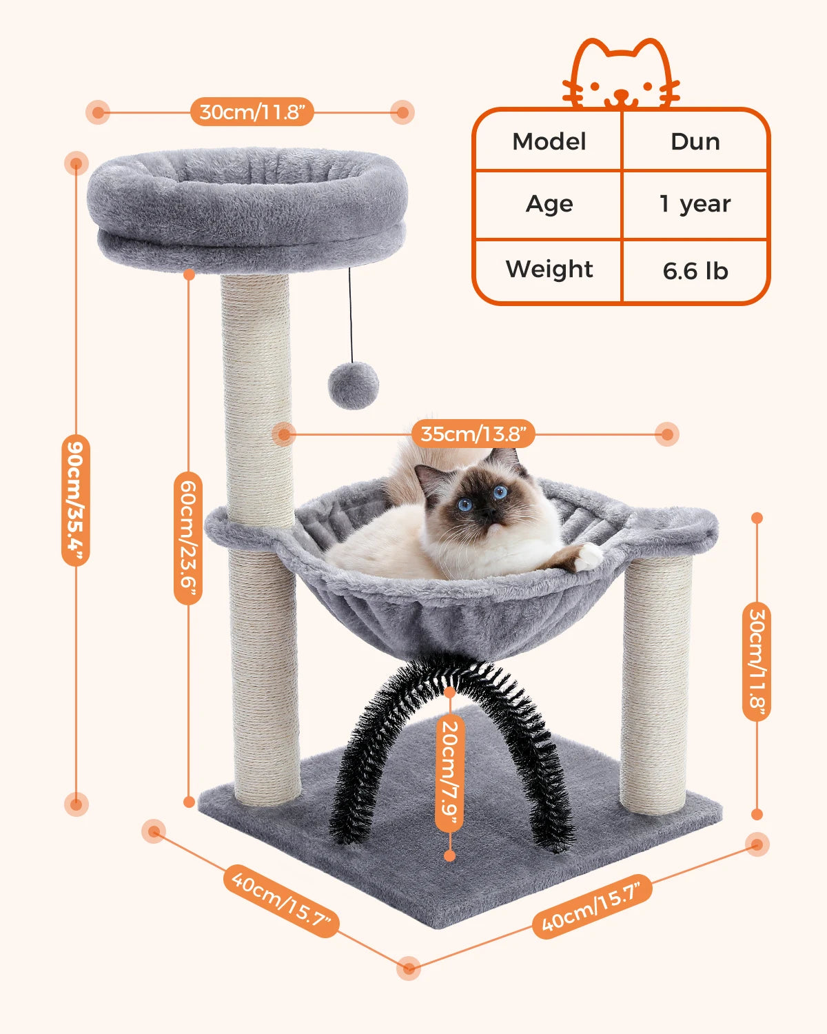 Height90CM Small Cat Tree Tower for Indoor with Hammock Detachable Grooming Brush Full Wrapped Sisal Scratching Posts For Kitten