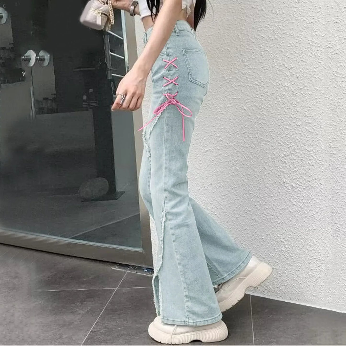 Women Flared Jeans Retro Ripped Fringe Split Y2K Denim Pants Clothes Korean Streetwear Fashion High Waist Boot Cut Jeans Trouser