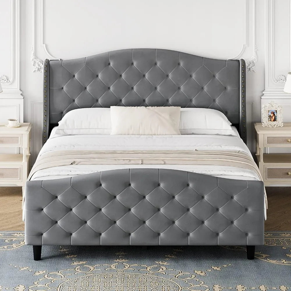 Bed frame, with tufted wing back headboard and footboard, padded table bed, velvet king size bed frame