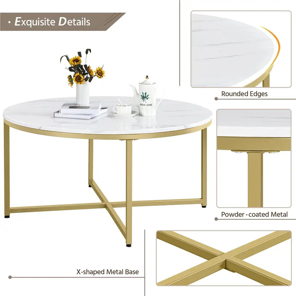 Modern Round Faux Marble Coffee Table, Gold Accent Side End Table for Living Room Furniture