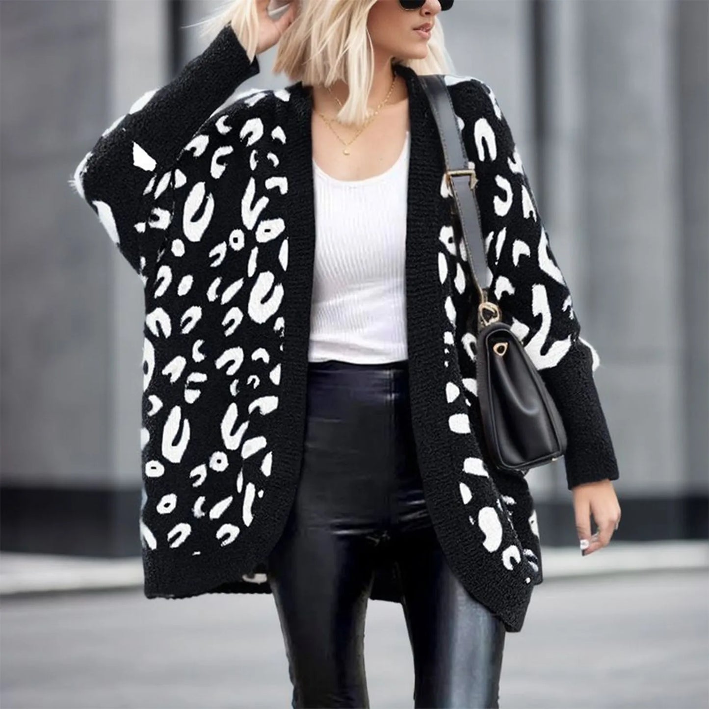 Women Fashion Leopard Print Long Sleeve Sweater Cardigan Loose Knit Button Shirts Work Wear Loose Oversized Vintage Print