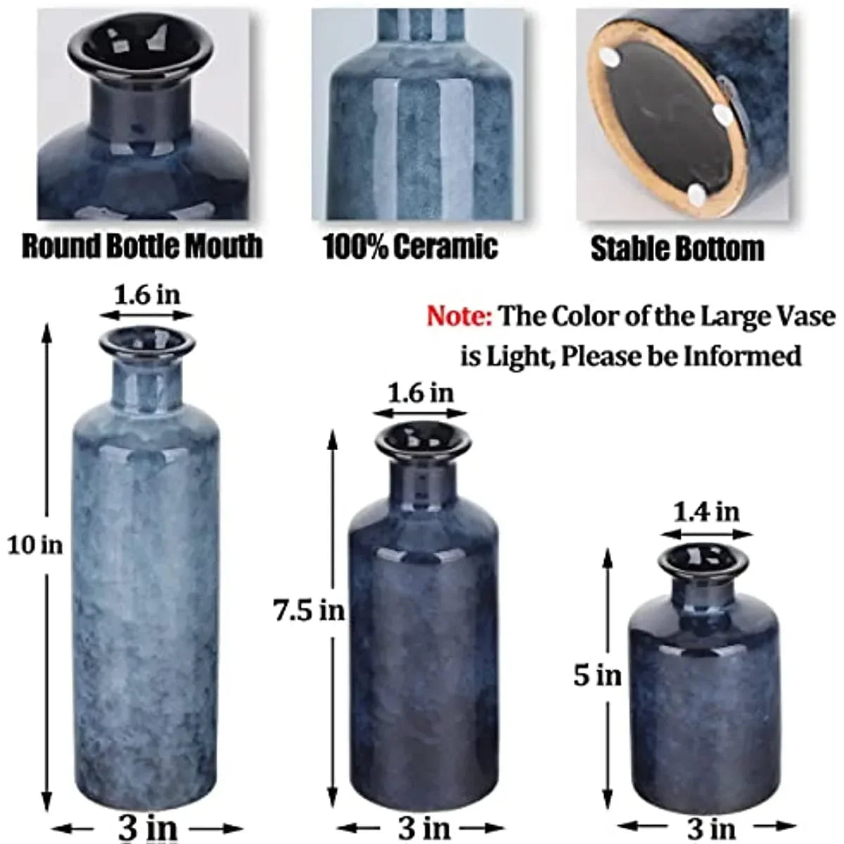Blue Ceramic Vases Set 3 Blue Small Vase Farmhouse Country Blue Vases Home Decor Living Room Decoration Table Decoration Modern