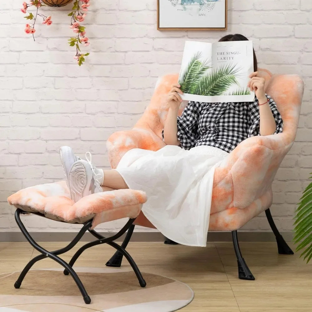 HollyHOME Faux-Fur Lazy Chair with Foldable Ottoman, Accent Comfy Lounge Arm Chair and Folding Footrest Stool Set