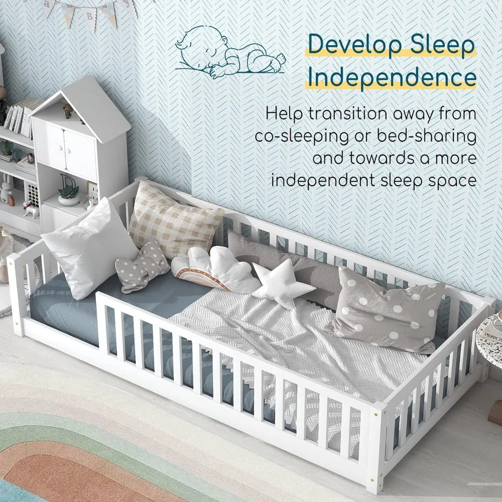 Twin Size Floor Bed for Kids with Safety Guardrails and Door and Slats, Montessori Bed Frame for Kids