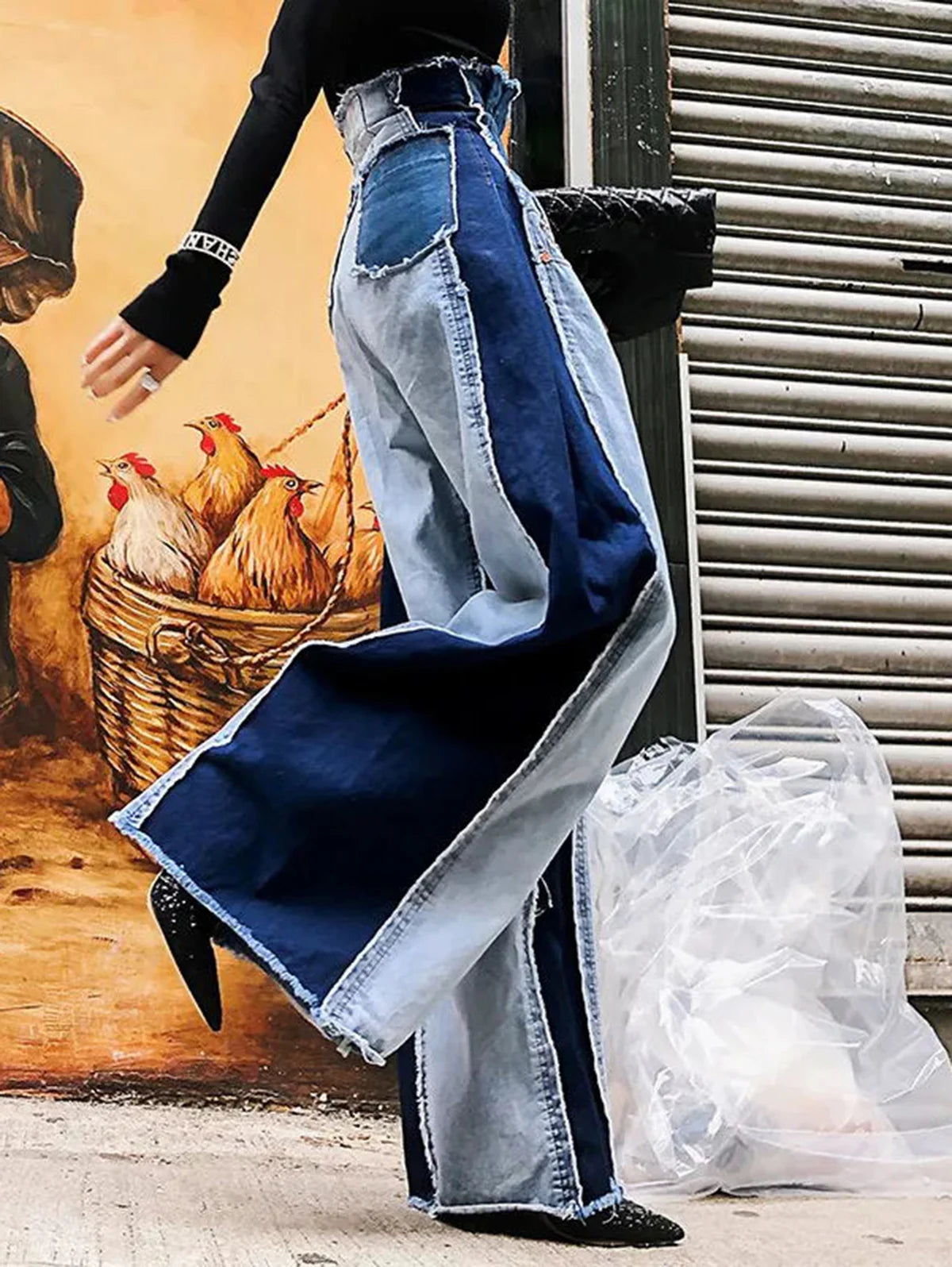 Women High Waist Jeans Patwork Vintage Streetwear Denim Pants Casual Colorblock Patchwork Raw Trim Wide Leg Denim Jeans Trousers