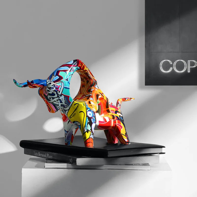 Art Colorful Bull Sculpture Resin Animal Statue Modern Art Graffiti Home Living Room Decor Desk Aesthetics Room Decor Gift
