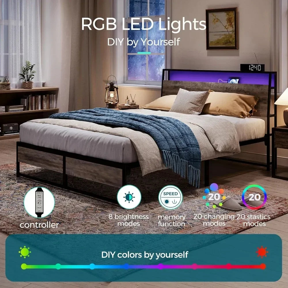 Queen Bed Frame with Ergonomic Headboard, Platform Metal Bed Frame with RGB Lights, Outlets & Charger
