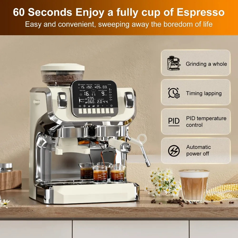 Mcilpoog Espresso Machine with Milk Frother, 15 Bar Semi-Automatic Coffee Maker with Grinder and 6in Screen