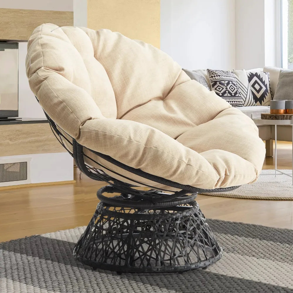 Living Room Chair 360 Swivel Comfy Papasan Chair with Fabric Cushion, Sturdy Metal Frame, Accent Bedroom Chair