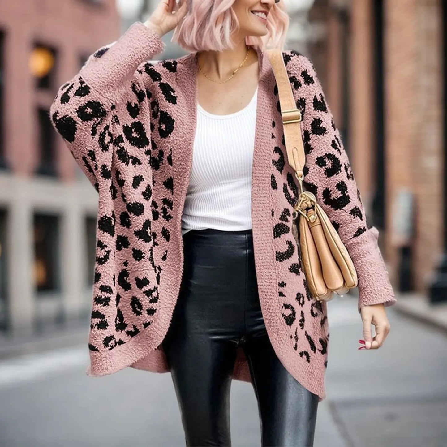 Women Fashion Leopard Print Long Sleeve Sweater Cardigan Loose Knit Button Shirts Work Wear Loose Oversized Vintage Print