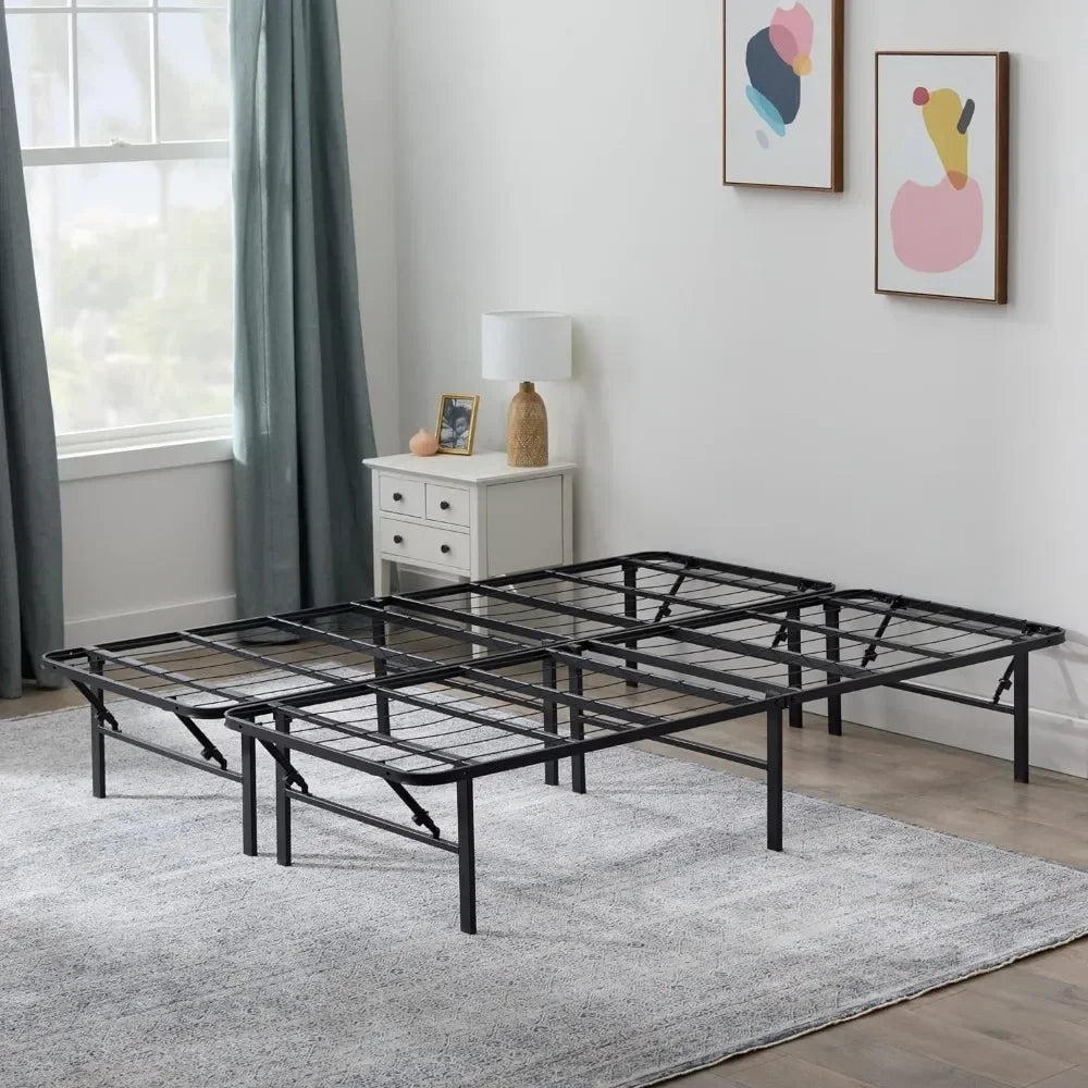 Folding Metal Platform Bed Frame Spring Needed Simple Tool Free Assembly Mattress High Traditional Design Sturdy Steel Full Size