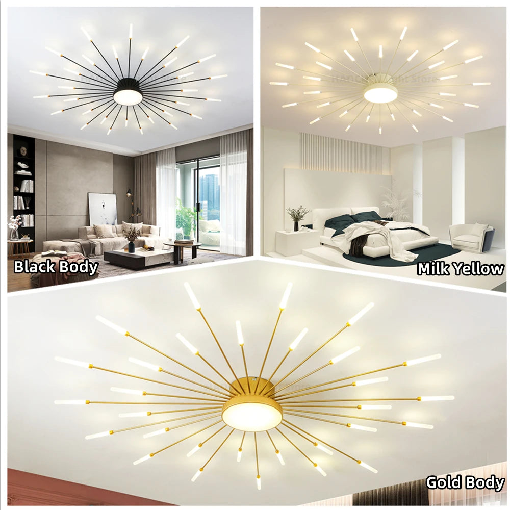 Led Firework Chandelier Dimmable For Living Room Bedroom Milk Yellow Ceiling Chandelier Dining Room LED Ceiling Lamp With Remote
