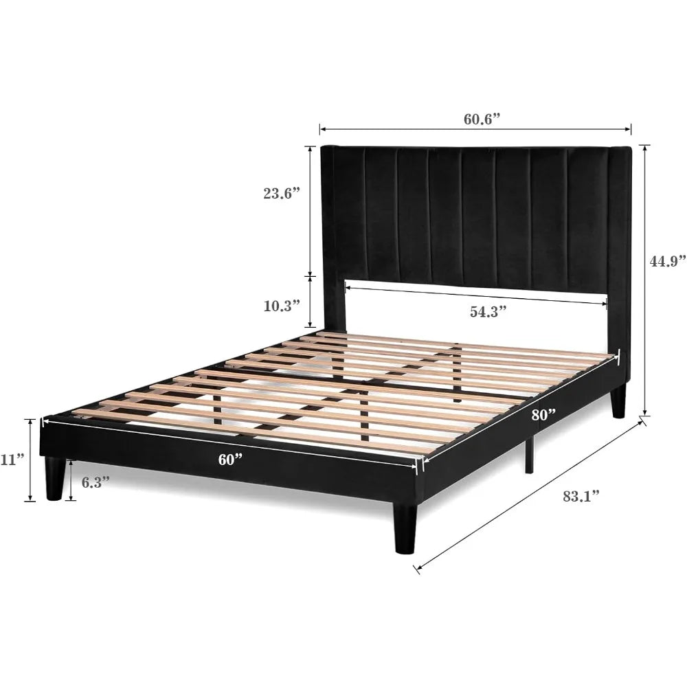 Bed Frame/Velvet Upholstered Bed Frame with Vertical Channel Tufted Headboard, Strong Wooden Slats, Platform Bed Frame