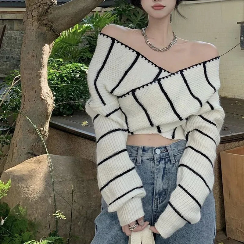 Ins Striped Jacquard Sweater Women Elegant Loose Gentle V-neck Cross Color Contrast Long Sleeve Versatile Knit Pullover