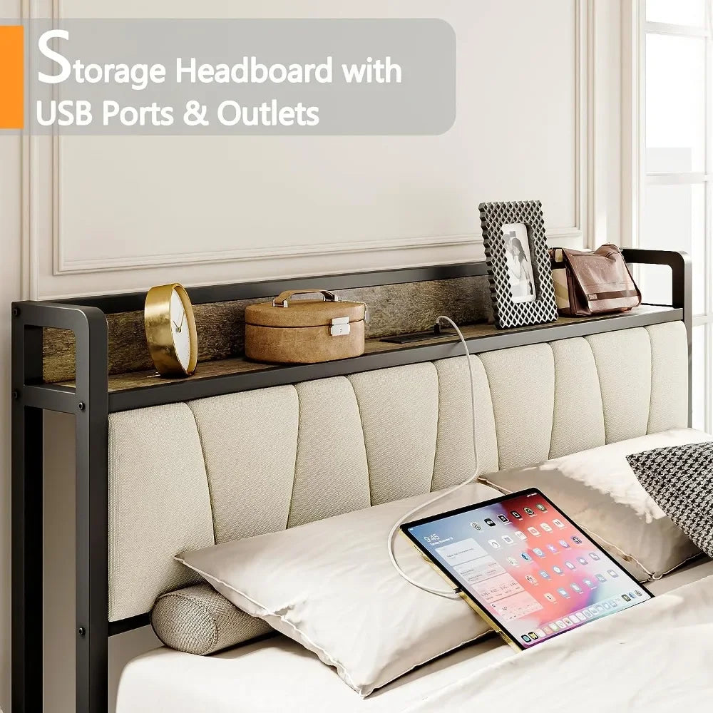 King Size Bed Frame, Storage Headboard with Charging Station, Solid and Stable, Easy Assembly Bed Frame