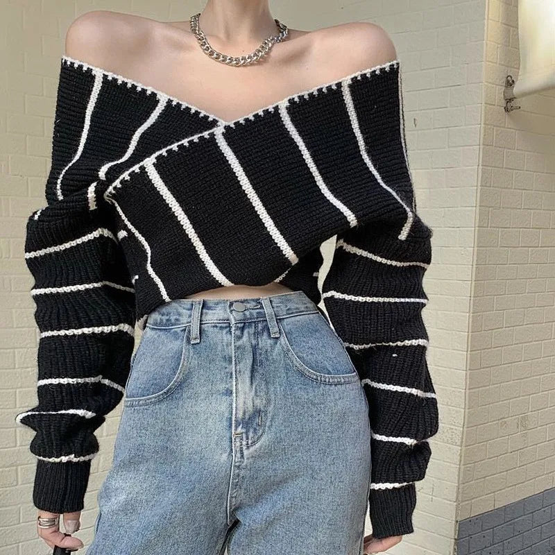 Ins Striped Jacquard Sweater Women Elegant Loose Gentle V-neck Cross Color Contrast Long Sleeve Versatile Knit Pullover