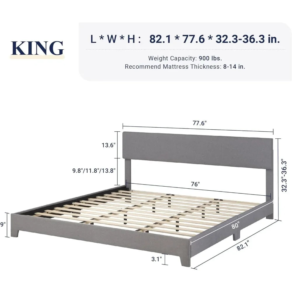King Size Platform Bed Frame With Adjustable Upholstered Headboard Easy Assembly Heavy Duty Mattress Foundation Noise-Free Home