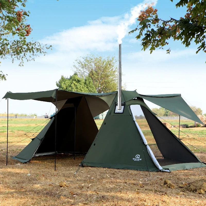 Double Peak Shelter Tent with Chimney Hole, Outdoor Camping, Large Size, Sun Protection, Waterproof Family Canopy, Glamping 300D