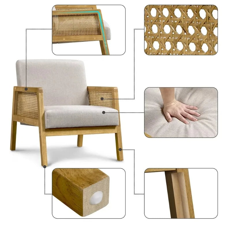 Fabric Upholstered Accent Chair with Rattan Sides for Living Rooms,Beige chairs living room single sofa chair furniture