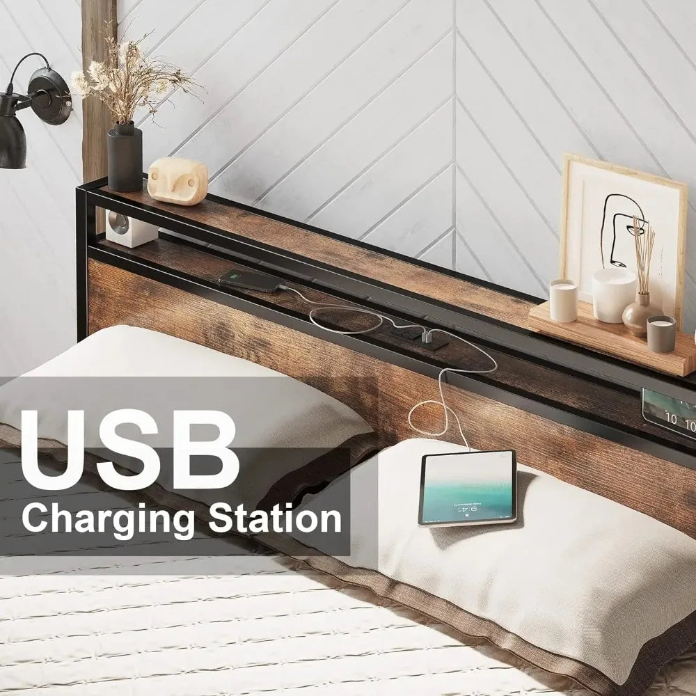 LIKIMIO Queen Bed Frame with Storage Drawer, 2-Tier Storage Headboard with Charging Station, No Box Spring Needed, Easy Assembly