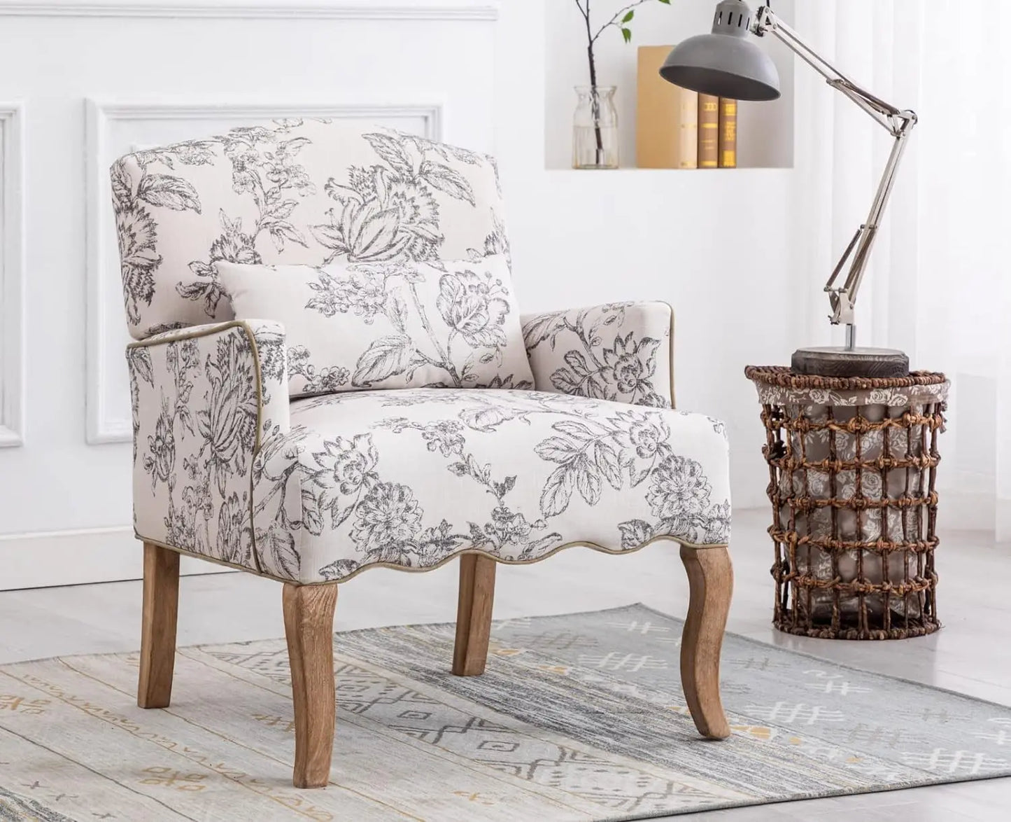 Mid Century Accent Chair Modern Floral Armchair Wingback Club Chair Upholstered Fabric Single Sofa Lounge Chair with Pill