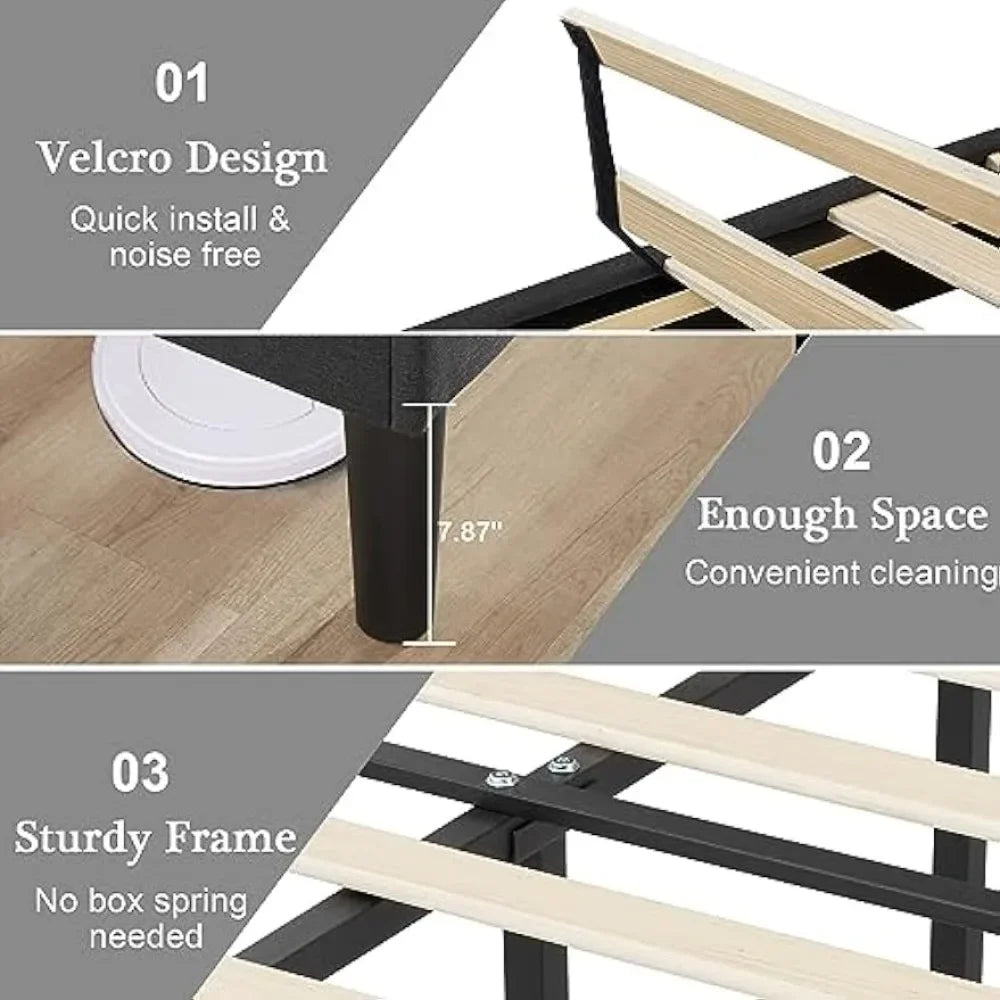 VECELO Bed Frame Upholstered Platform with Tufted Adjustable Headboard/Mattress Foundation with Wood Slat Support, Easy Assembly