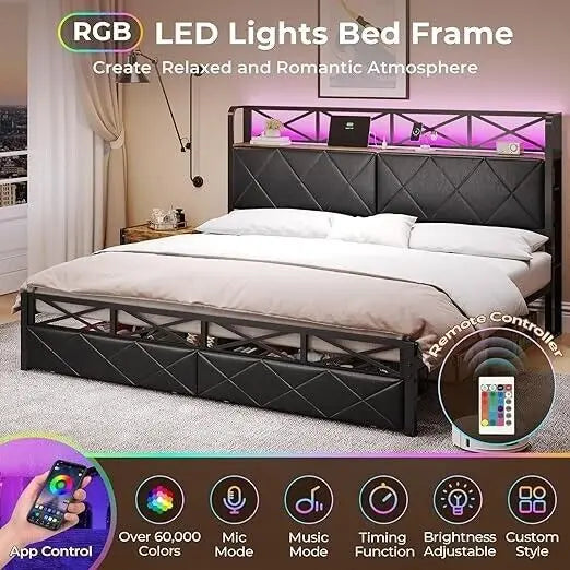 King Bed Frame with Hidden Storage Headboard Outlet 2Drawers&Led Metal Platform,Double beds for adults and teenagers, single bed