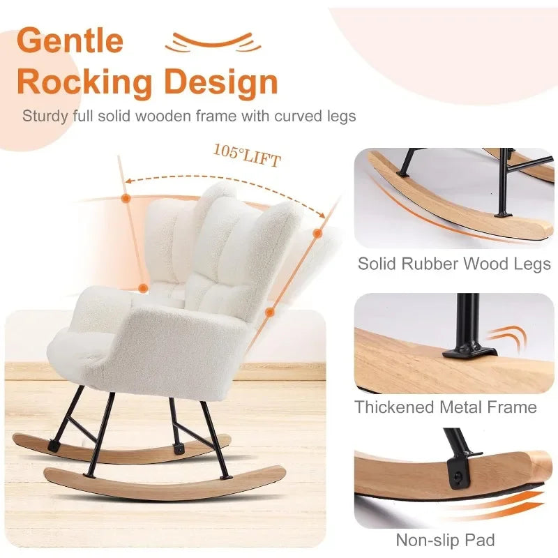 Sweetcrispy Rocking Chair Nursery Teddy Upholstered Glider Rocker with High Backrest, Reading Chair Modern Rocking Accent Chairs