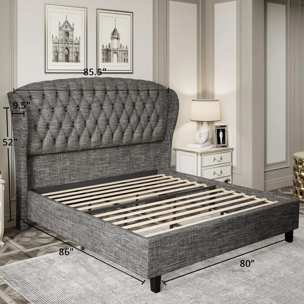 Bed Frame, Linen Curved Upholstered Bed, Headboard with Shell Wingback, Deep Button Tufts, No Springs Required, Queen Bed Frame
