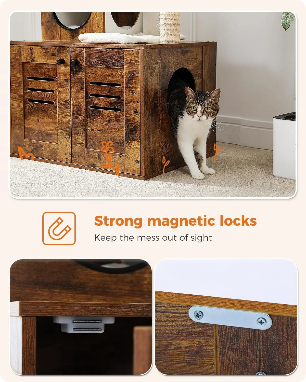 MUTTROS Large Cat Tree with Foldable Litter Box, 50" Rustic Brown, Sturdier and Heavier Than Most Wooden Cat Trees