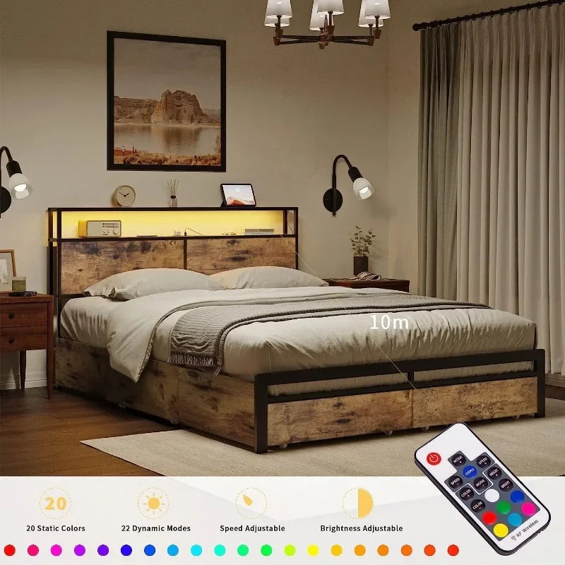 HAUSOURCE Queen Bed Frame with Storage Headboard 4 Drawers LED Lights Metal Platform Non-Slip Without Noise Mattress Foundation