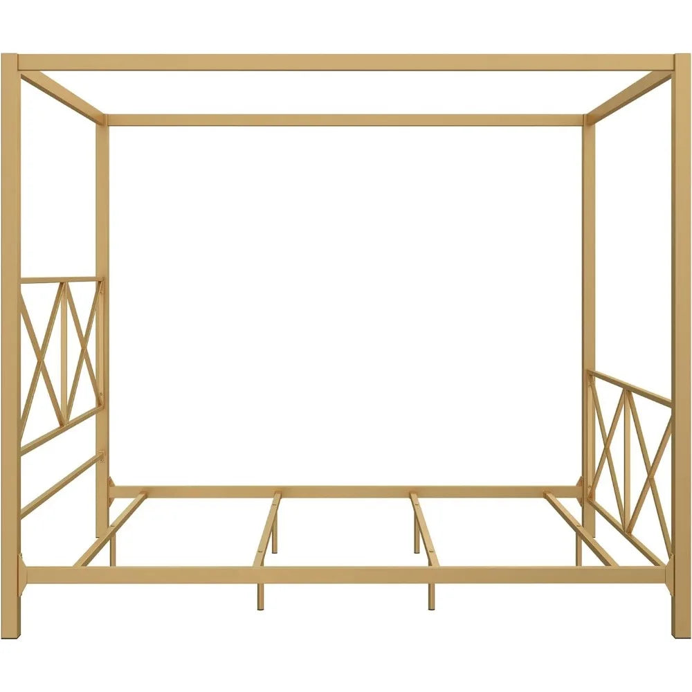 Rosedale Metal Canopy Bed Frame with Four Poster Design and Geometric Accented Headboard and Footboard, Underbed Storage