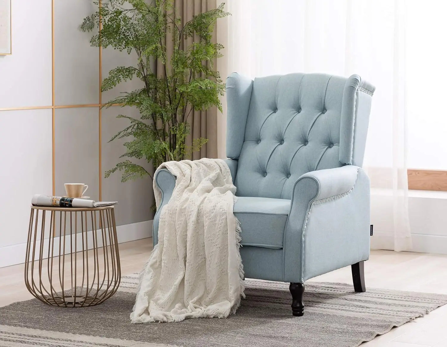 Winged Fabric Modern Accent Chair Tufted Arm Club Chair Linen Single Sofa with Wooden Legs Comfy Upholstered for Rea