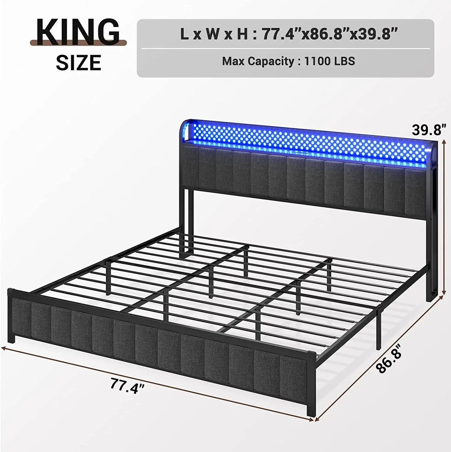 bed King Size Bed Frame with LED Lights Headboard Bed Dark Grey