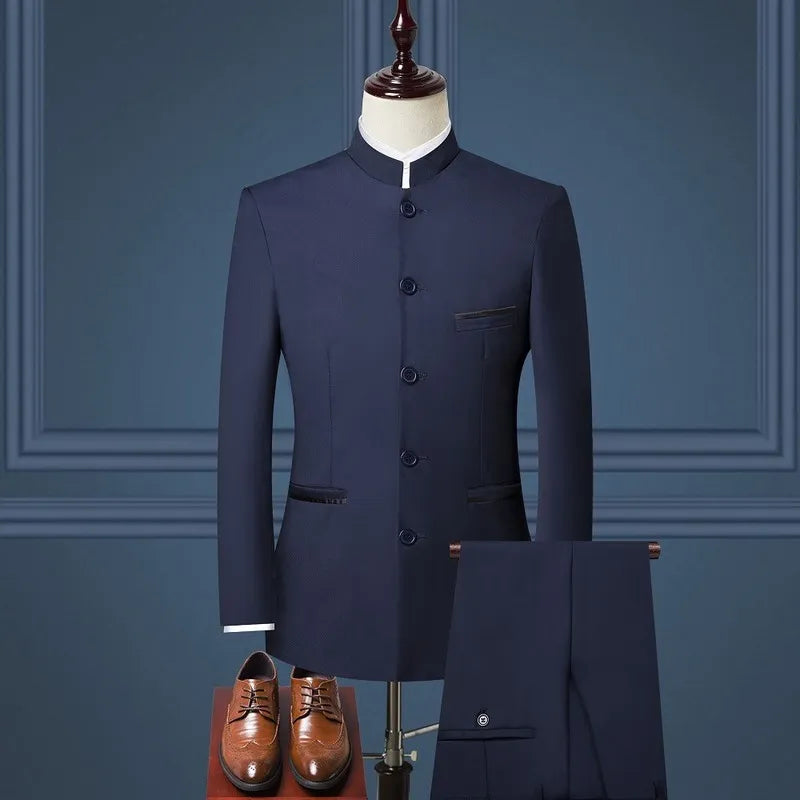 Mens Suits Set (Jacket+Pants) 2023 New Boutique Fashion Stand Collar Chinese Style Slim Fit Suits Two Piece Wedding Men Clothing