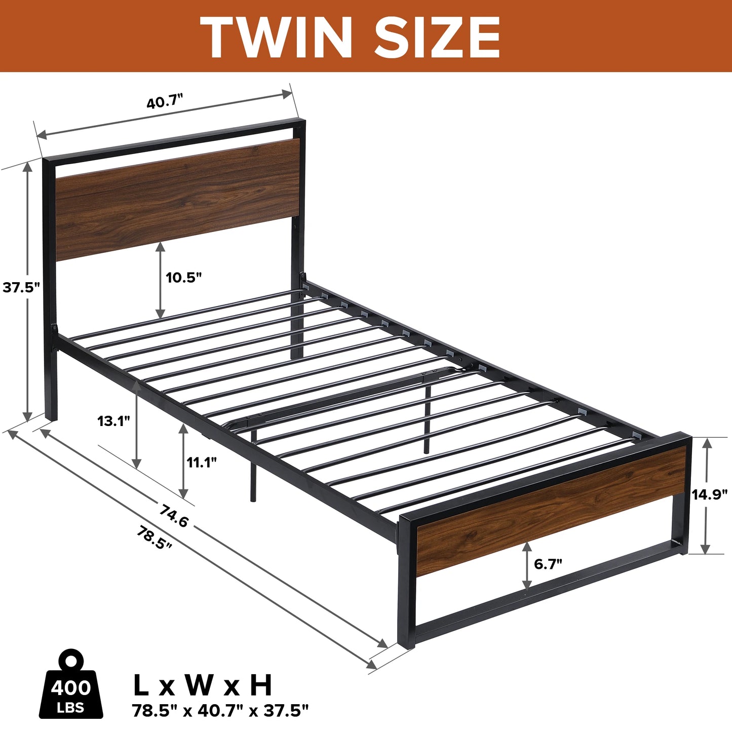 Twin Bed Frame with Wood Headboard and Footboard, Metal Platform Bed Frame with Storage No Box Spring Needed