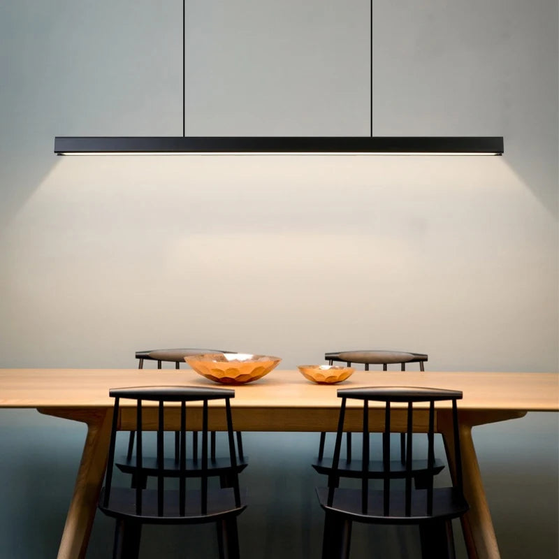 Modern simple long linear pendant light LED dimming black restaurant bar study office billiard hall chandelier