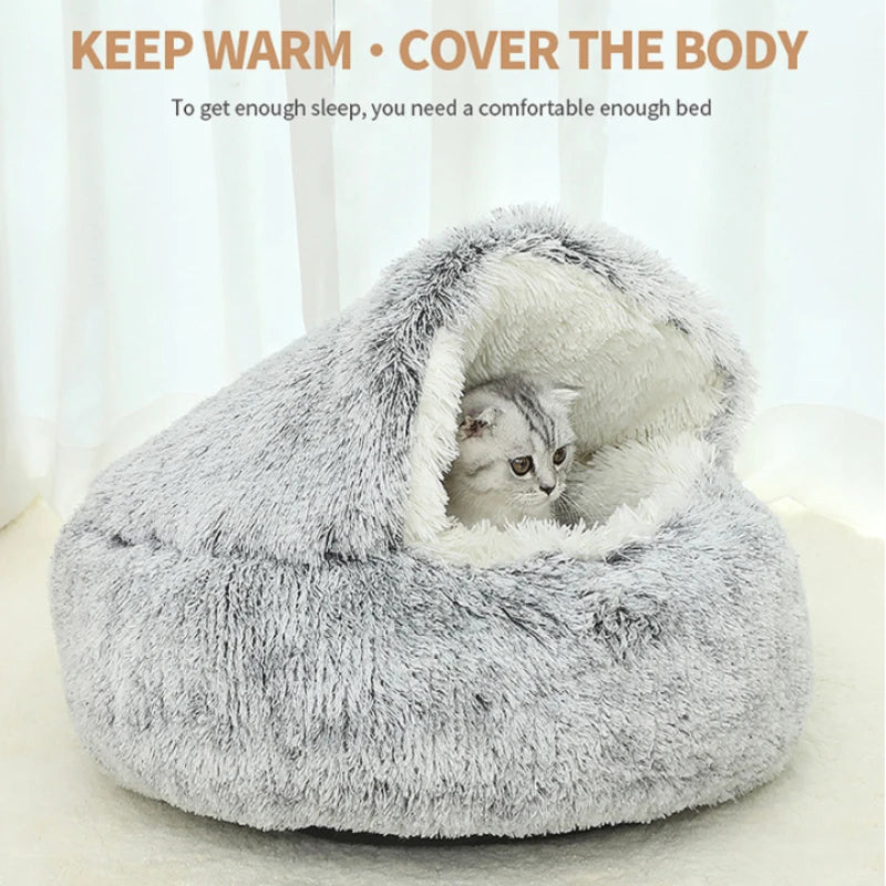 Winter Long Plush Pet Cat Bed Round Cat Cushion House Warm Cat Basket Cat Sleep Bag Cat Nest Kennel 2 In 1 For Small Dog Cat